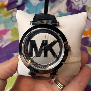 Michael Kors MK Logo Dial Watch Black Leather Strap MK-2458 Women’s